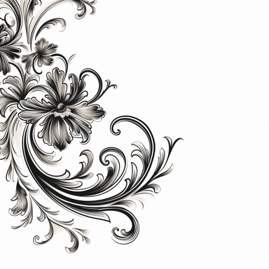 a clean detailed black line drawing of a single classical floral top right-hand corner scroll ideal for a wedding stationery, clipart