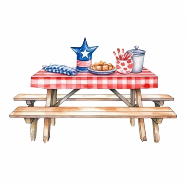 Patriotic wooden picnic table with red white blue decorations, watercolor, 4th of July, detailed, 32k, isolated on a white background, clipart