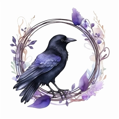 a cute fluffy fat raven on a branch, wreath, in a circle, clipart, white background, watercolor, Art Nouveau, highly detailed