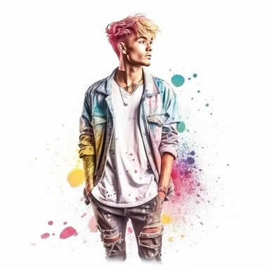 idyllic young man multicolor hair, fashion model, looking in the camera, eye contact, full body, fairytale dreamlike, clipart with watercolor splash background, with transparent background, hyper realistic, professional photography, super detailed