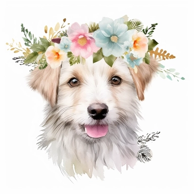 Watercolor cute dog with flower crown clipart, nursery art style, white background