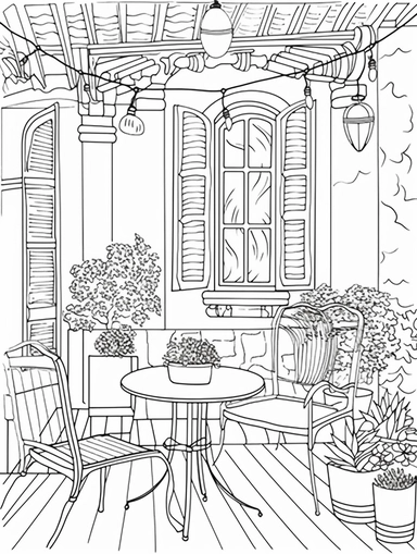 An Adult Coloring Book Featuring Fun and Relaxing Interior Home Designs with Beautifully Furnished Rooms and Welcoming Outdoor Spaces, coloring page line art, black and white clipart for coloring page, simple and clean line art, illustration style,