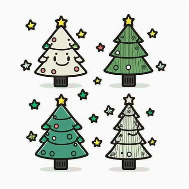 simple cute green christmas tree with colorful lights, sticker set, clip art, white background, doodle, 2d, 1mm line, thick black lines, colors,