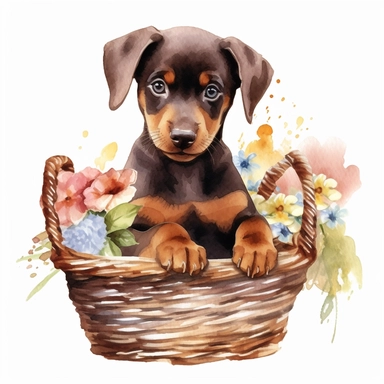 clipart watercolor, very cute brown Doberman puppy, sitting in a basket with flowers and chocolate, full body, childlike, free brushwork, white background, high solution