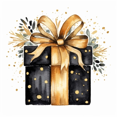 Cute Christmas present black and gold watercolor Clipart