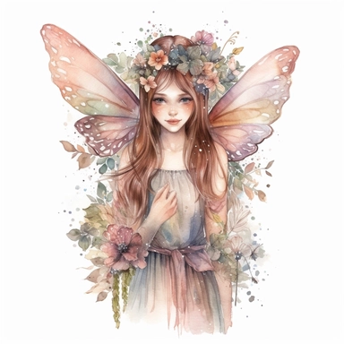 Magical fairy with delicate wings and flower crowns, watercolor clipart, isolated white background, high resolution, very detailed, 32k