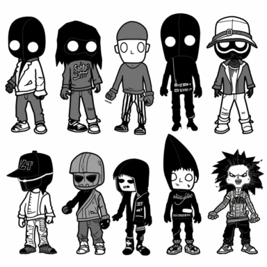 a set of black line clipart inspired by ramen and mutants and killer puppets and Funko Pop toys