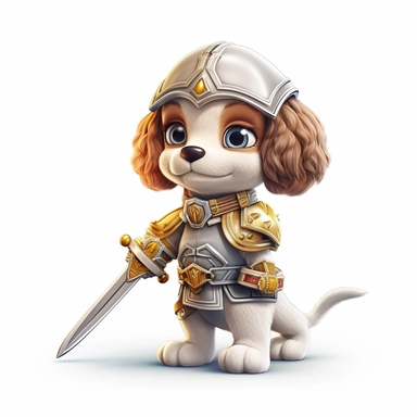Adorable cute fantasy baby dog dressed like knight standing in dynamic pose,front view,fullbody,sharp through out,happy expression, nursery art, clipart image, lineart image, white background, very detailed, 8k, composition wide shot