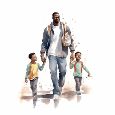 watercolor clipart of black man on walk with his kids smile at each other