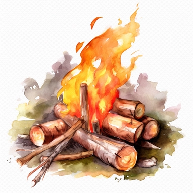 watercolor, Campfire - Clip art of a campfire with logs or flames. png Full body realistic cartoon in 32K UHD cute. 15 cm thick outline. Black color. There was no shadow on the ground. 8k with realistic watercolors and detailed illustrations. PNG clipart, transparent white background