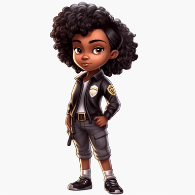 Cool cute black kid police, cool police clothes, female black girl, watercolor style, clipart solid white background