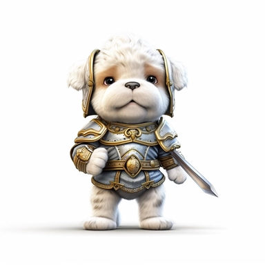 Adorable cute fantasy baby dog dressed like knight standing in dynamic pose,front view,fullbody,sharp through out,happy expression, nursery art, clipart image, lineart image, white background, very detailed, 8k, composition wide shot