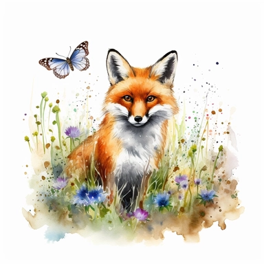 Fox look into away, half of fox body surrounded by long grass and flowers, little butterflies, colorful, watercolor clipart, white background