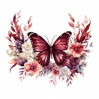 maroon butterfly on a flower border clipart, white background, watercolor, vector