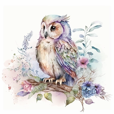 watercolor cute cartoon fantasy owl defined edges Floral Clipart pastel color white background