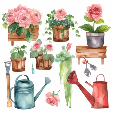 Draw a set of whimsical-style, watercolor-style clip art images that feature various types of roses in different colors and stages of blooming and garden-related objects, Watercolor rose Garden Clipart, the setting must be floral wonderland with feminine spring-colored clipart, roses in flower pots, roses in flower boxes, roses growing in watering cans, garden benches, water fountain surrounded by roses, roses at a flower shop stall, hummingbirds, butterflies, Garden tools, include garden decora