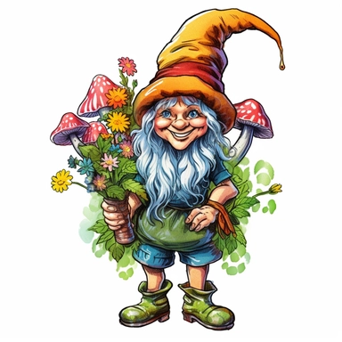 A delightful, hand-drawn clipart image of a friendly female gnome with no beard, dressed in a charming, brightly colored dress, sporting a tall, green pointy hat, and standing with a welcoming smile, mushrooms and flowers, presented on a transparent backg