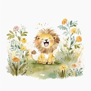 The watercolor clipart illustration shows a baby lion playing in a natural setting. The background is a white space to keep the focus on the cute baby lion. The colors are warm and inviting, with shades of yellow, brown, and white. The baby lion is depicted in a playful and happy way, with its mouth open in a smile and its paws stretched out. This would be a perfect watercolor clipart for kids to enjoy and learn about lions.