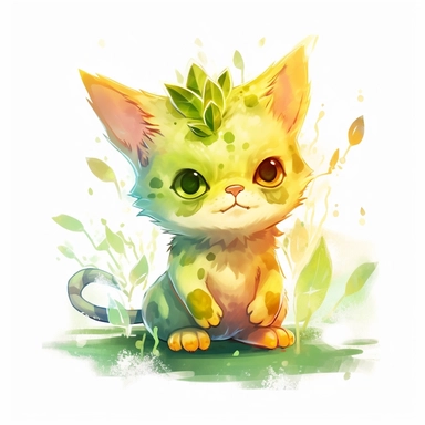 watercolor of cute electrical god cat, green and yellow lightning strikes, vector free clipart illustration, in the style of unreal engine 5, 32k uhd, detailed