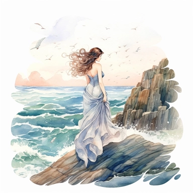 watercolor, hyper realistic, white background, white margins, 16k, ultra detailed clipart, cut out image, hand-drawn, whimsical manhwa style, ultra HD, sharp and clean art goddess standing on a cliff overlooking the ocean, with waves crashing below. Incorporate seashells, starfish, and seagulls to enhance the coastal theme. Soft Pastels - Create a dreamy atmosphere with a color scheme consisting of delicate pastel shades like lavender, mint green, baby blue, and pale pink