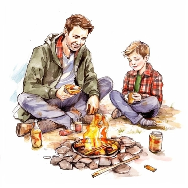 A father and son camping, sitting around a campfire and roasting marshmallows, Watercolor, Clipart, detailed, high resolution, transparent background PNG