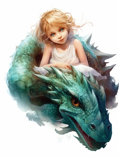 pretty little girl lying next to beautiful large dragon, fantasy, enchanting, magical, cute, clipart png, photorealistic, watercolor, digital painting, WHITE BACKGROUND, fantasy style, realistic, painting, 8k, ultra details,