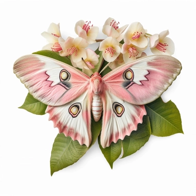 a female Chinese moon moth, surrounded by pink and coral flowers, romantic bloomcore, beautiful beyond belief, photo clipart on solid white background