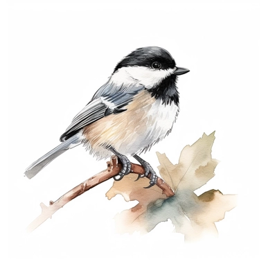 Black-capped Chickadee bird, water color style, clipart, white background
