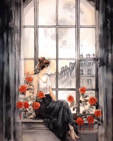 Watercolor clipart The young girl is sitting in front of the transparent French window with red roses. The curtains are floating, and the moon, a little starlight, a direct light shines from the French window, which is literary and artistic.