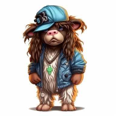 highly detailed clipart of a furry baby long haired breed cow calf like person standing up wearing a baseball cap and dressed in 2000's style hip hop rapper fashion and sneakers and jewelry. child like looking furry long haired breed of cow. Nelly the rapper style.