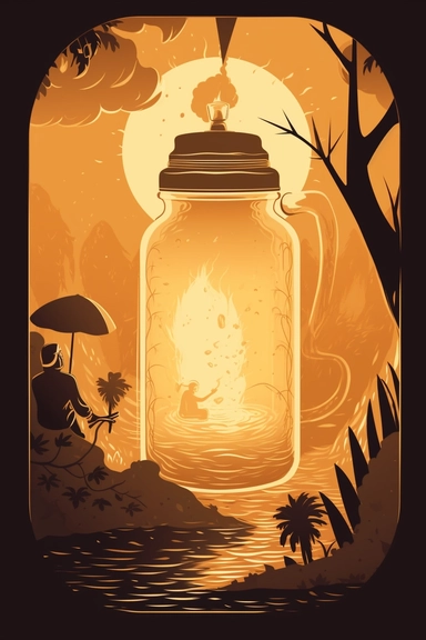 1920 retro poster, clipart vector art, a candle inside the bottle of fairy milk, in the style of unreal engine, semi-figurative, sumatraism, amber, sovietwave, chilling creatures, luminist
