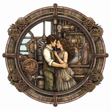 In the enchanting presence of a steampunk steam train, a couple's first kiss takes place, framed by the intricate gearwork and brass accents that adorn the classic locomotive, their love intertwined with the spirit of adventure. Ultra high quality, intricate detail, retro - futurism, pastel clipart, white background