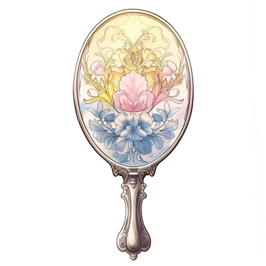 vintage style Detailed light and shadow, 2D outline, A beautifully patterned neo rococo Victorian baroque hyper realistic hand mirror in varying hues of pale pink, blue and yellow, stunningly beautiful, refined and sophisticated, Hand drawn, cicely mary barker ,realistic watercolor, Clipart, emotionally pleasing watercolor, i can't believe how beatiful this is,accurate detailed line art, white background, intricate detail, clean line art, saturated fantasy watercolor