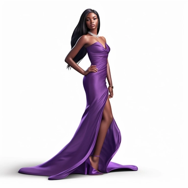 3d female black woman long straight hair wearing a long grape prom dress character Fashion girls clipart in the style of realistic, detailed rendering, hip-hop style, shiny, barbiecore, lit woman, street-savvy with white background