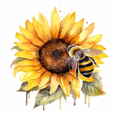 Hand Painted Watercolor honeybee sitting on a sunflower Clipart, white background, cute illustration