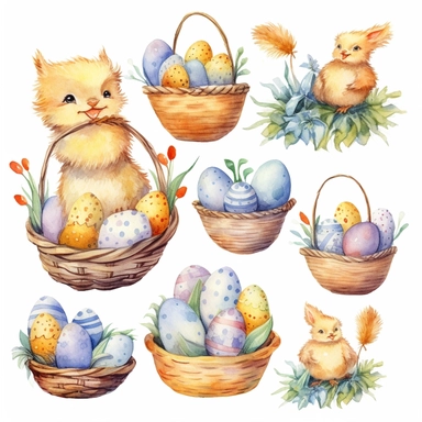 watercolor, cute set of easter eggs, baby chicken, eggs, basket with eggs, stickers, clipart on white background, pastel colors, pencil textures, with a white background
