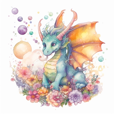 playful dragon blowing bubbles with its nose, depicted in a whimsical, watercolor, surrounded by colorful flowers and butterflies. The mood of the artwork is cheerful and playful, with a soft pastel color palette. The lighting style is bright and sunny, evoking a warm and inviting feeling. clipart design graphic, vector, contour, super cute, isolated white background, high quality, 2d, flat