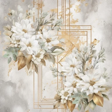 scrapbook paper template, intricate three small bouquets of white floral watercolor clipart on the borders on paper, luxurious textures, nature-inspired pieces, very high resolution