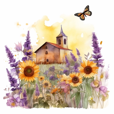 a close up of a garden with sunflowers and lavender growing in it with butterflies and bees above it a old, decaying countryside church with sunflowers and lavender growing nearby watercolor clipart no fonts no letters no words