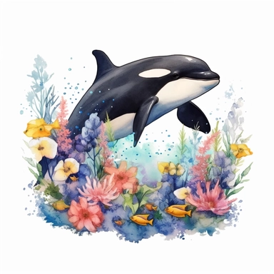 watercolor orca whale playing with fishes seabed, flowers real clipart on white background