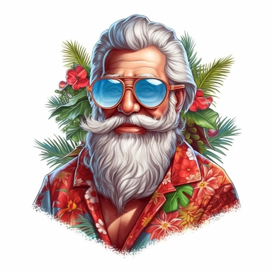 cute santa claus wearing a Hawaiian shirt and sunglasses, clipart Sublimation Clipart,Cartoon,hyper realistic, intricate detail, illustration style,high solution,on the white background