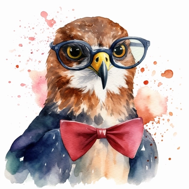 please create watercolor clipart of a hawk smiling, wearing party GLASSES AND BOW TIE and bubbles, colorful, WHITE BACKGROUND