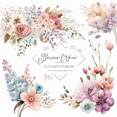 Wildflower Clipart Watercolor Floral Wedding Spring Flowers Premade Corner Arrangement. Bachelorette party, pink, blue, purple and brown pastel colors on white background FOR GIFT CARD, WEDDING INVITATIONS