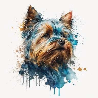 the Yorkshire Terrier is painted beautifully with watercolor splashes, in the style of light azure and dark amber, uhd image, avacadopunk, ferrania p30, elegant, emotive faces, high resolution, symmetrical, white background, no overflow, clipart