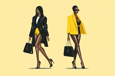 Naomi Campbell fashion Nova cartoon, clipart Contemporary black art version clipart of two happy ultra beautiful African American business women Black girl magic African American boss lady Teal and yellow Louis Vuitton Rhinestone Ribbed Knit Dress and leather pumps standing while shaking anatomically correct hands after selling a large luxury house, both wearing expensive suits and leather shoes out doors, well lit, white background, taken with Canon