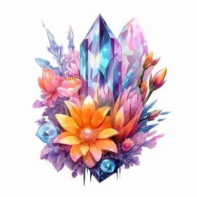 Cute Beautiful Pastel Magic Crystals Flower bouquet Sublimation Clipart,Cartoon, hyper realistic, intricate detail, illustration style,high solution,on the white background