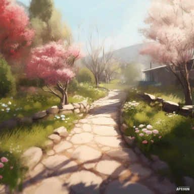 garden path in spring, illustration,watercolor texture style, popmart blind box, clay material, bright background, award-winning, LED, 3d art, depth of field, Pixar trend, surreal, octane rendering, ray tracing, complex details, animation lighting, stack white background, clipart style, clip art style