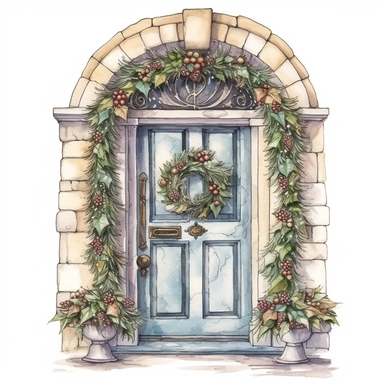 Front Door with Christmas style by Lucy Fleming, watercolor, smooth gradients, black contour outline, ultra detailed, clipart elements, delicate pastel colors, solid white background, super clear, high quality