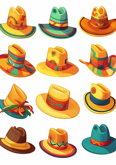 a collection of cartoon style vector isolated clip art illustrations featuring Peruvian sun hat