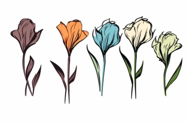 ink drawing four flowers clipart, ink style, ink drawing, vector style, prominent ink strokes, flat style, prominent line style, white background, spaced out, do not intersect images, spacing between elements, single thickness lines, no shadows, few details, only lines, only black lines, no volume, hand drawn ink drawing, free-hand light color strokes under ink lines,